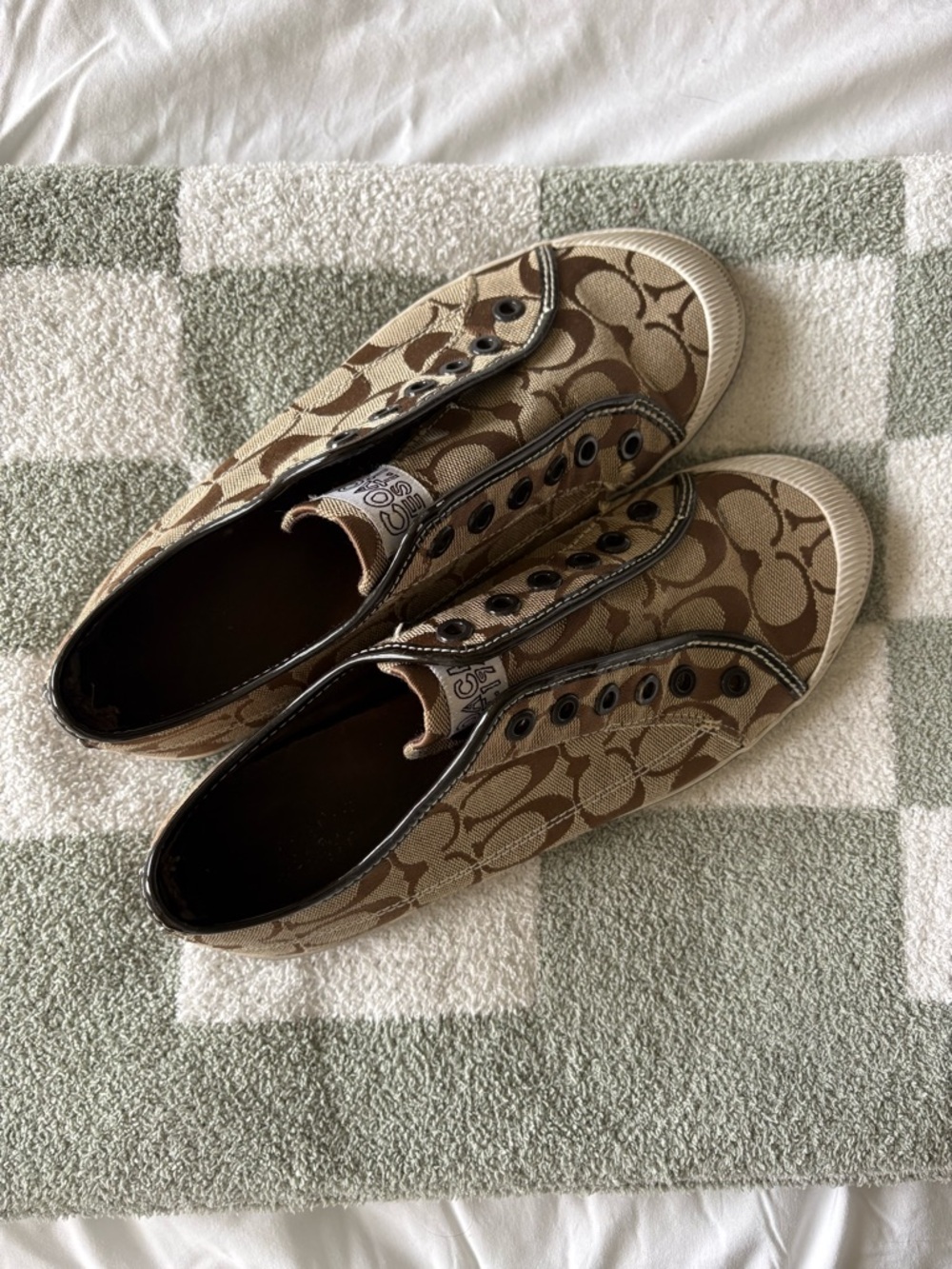 Coach Beige and Brown Signature Canvas Slip-On Sneakers